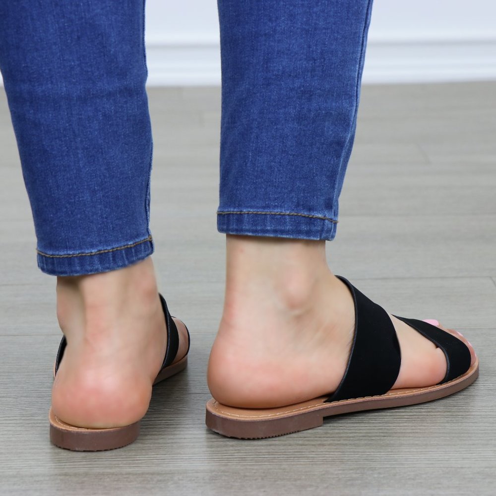 Slip On 2 Strap Flat slider Sandal Black Velvet - Picture 7 of 10